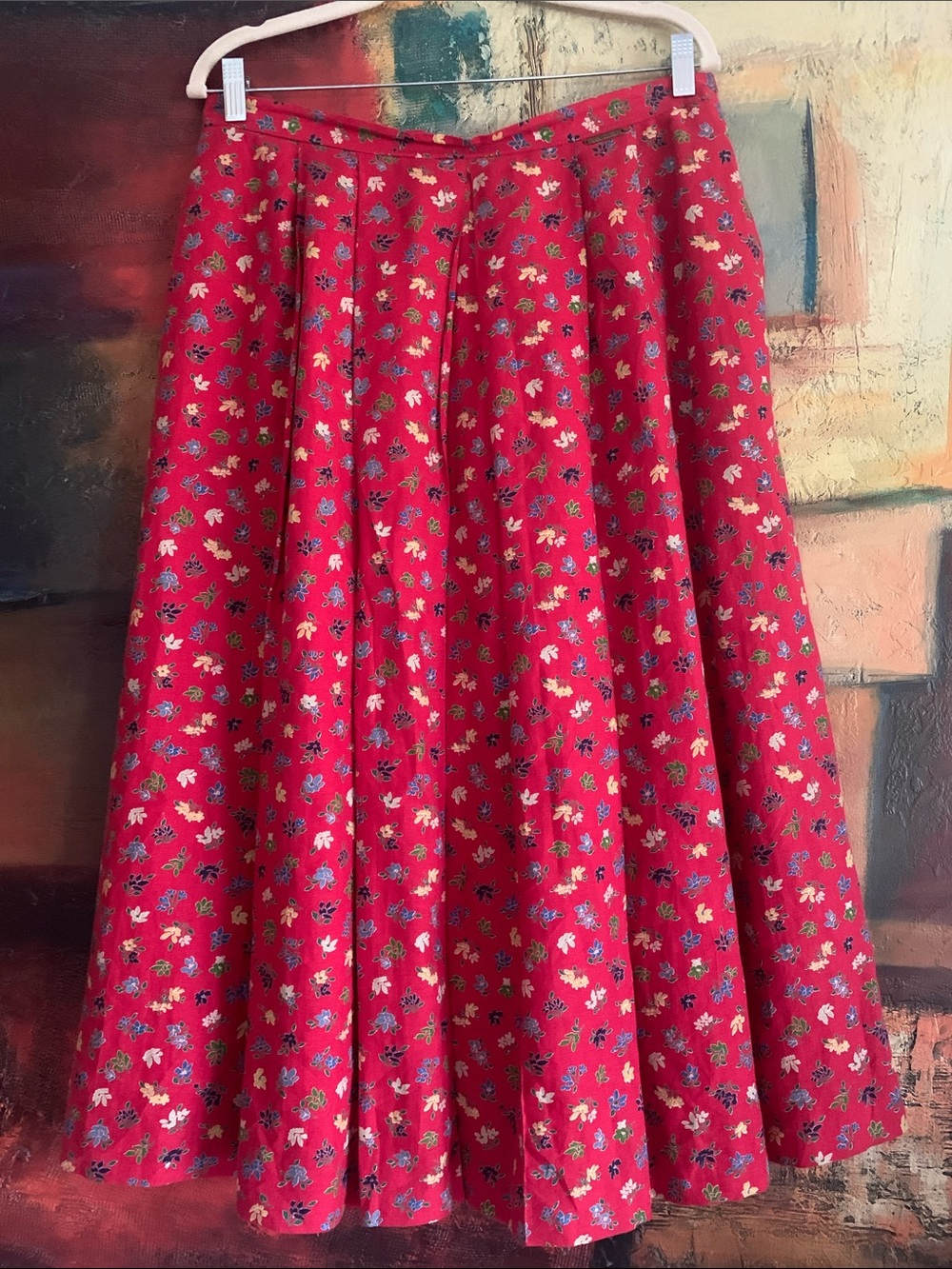 Vintage Geiger Floral Pleated Linen Blend Midi Skirt with Pockets, Sz 44 (US 12)